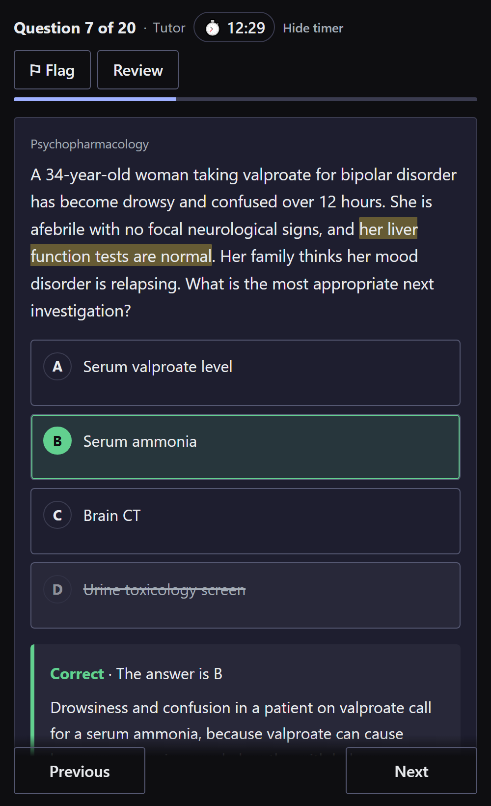 A question answered in tutor mode on a phone: a phrase in the case highlighted, one option struck out, the right answer marked and its explanation below.