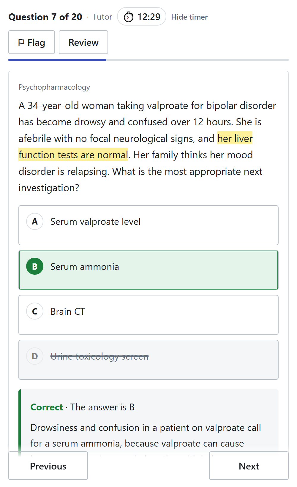 A question answered in tutor mode on a phone: a phrase in the case highlighted, one option struck out, the right answer marked and its explanation below.